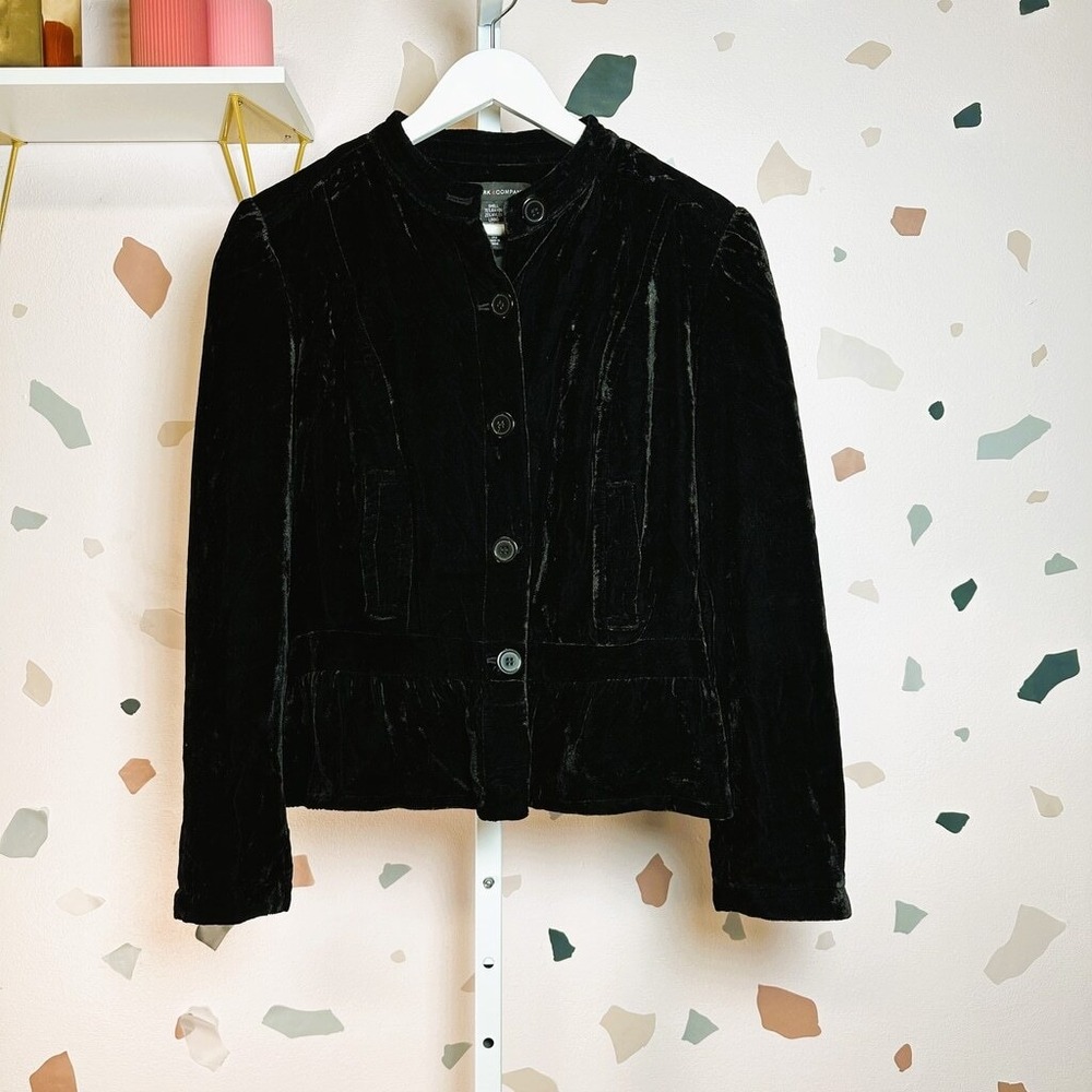 NEW YORK & COMPANY Black Velvet Peplum Mandarin Collar Button Front Jacket 14